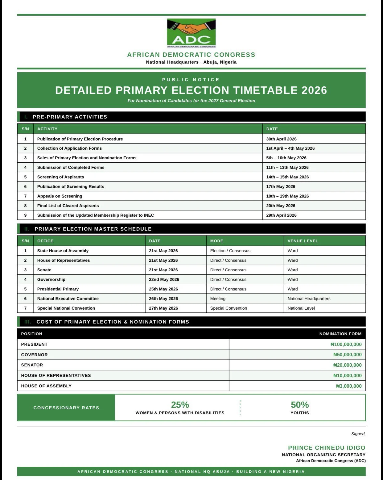 ADC Releases 2027 Timetable, Fixes May 25 For Presidential Primary